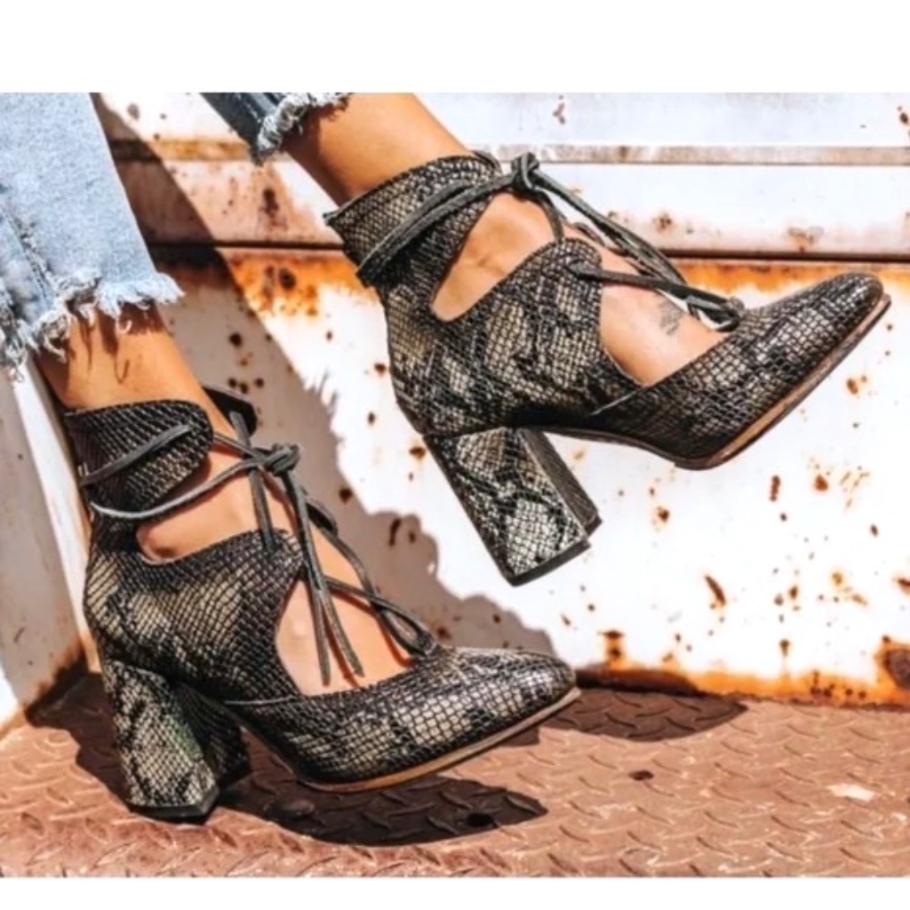 Freebird Snakeskin Lace-Up Ankle Booties In Black And Tan